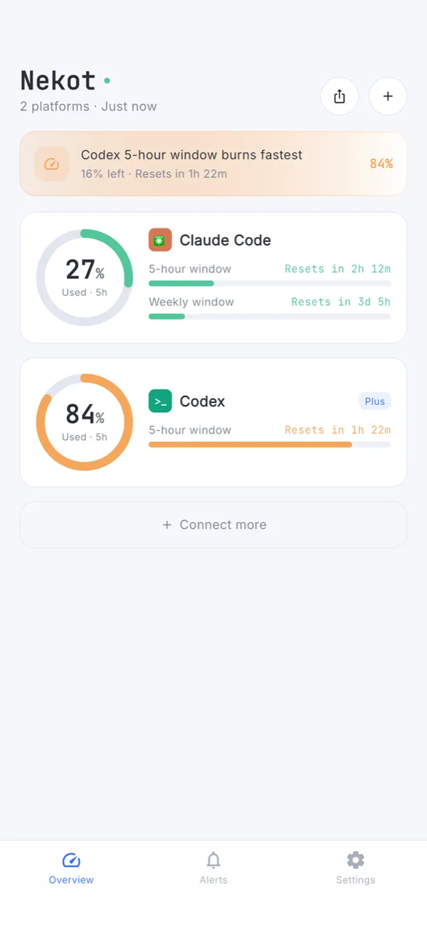 Nekot overview screen with usage rings